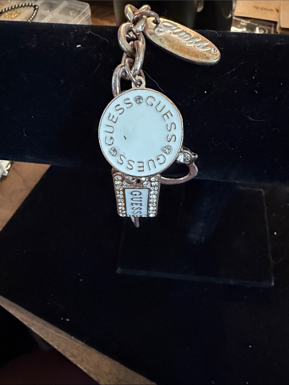 GUESS White and Silver Logo Charm Keychain with Crystal Accents